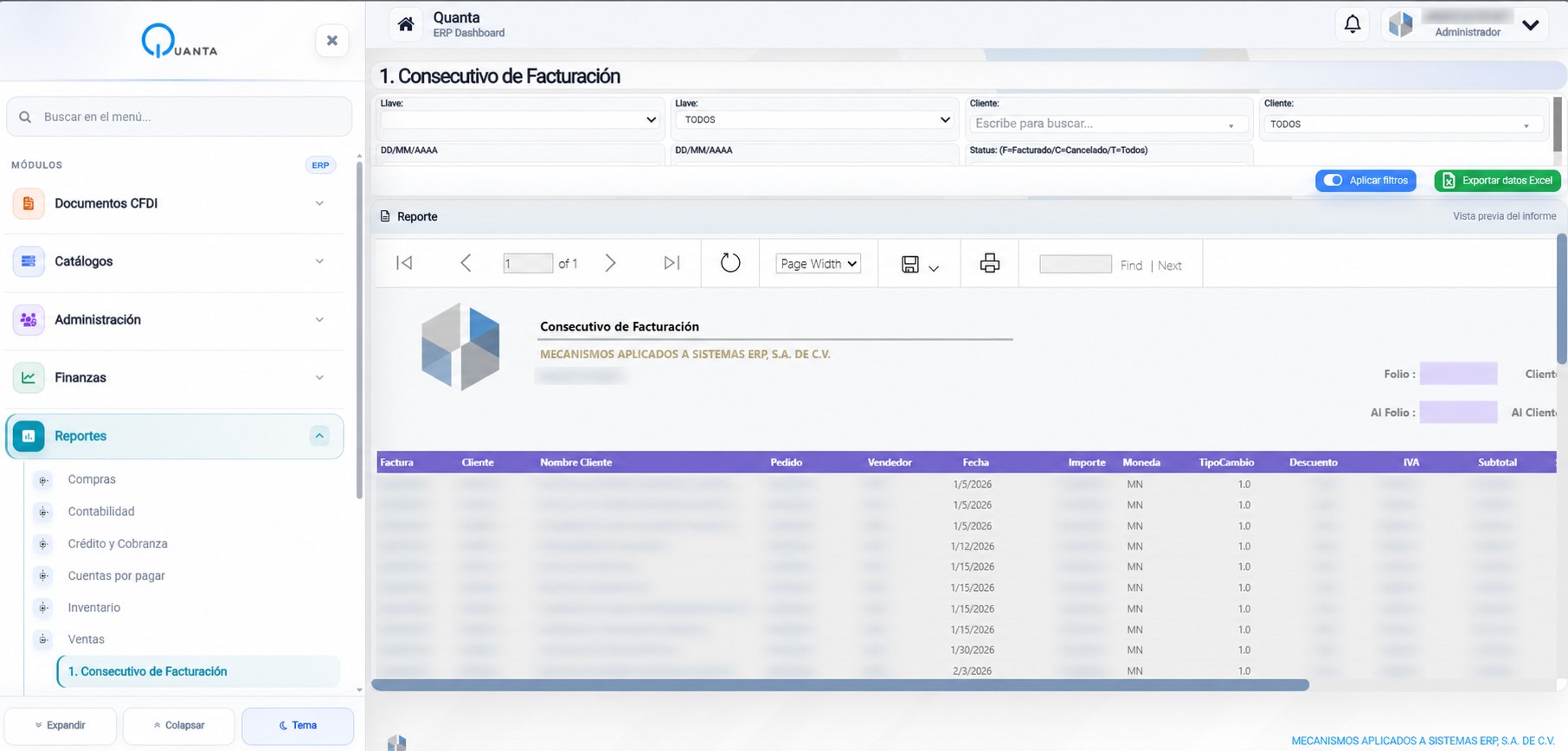 Visor real de reportes de Quanta BMS con filtros, vista previa y opciones de exportación